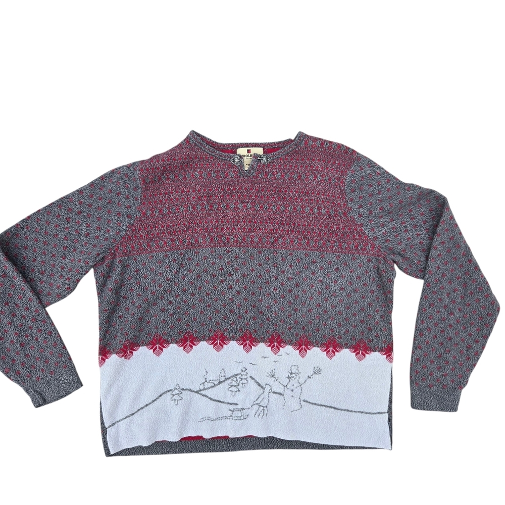 Woolrich Wool Embroidered Snowman FairIsles Sweater Ramie Cotton Winter Scene XL